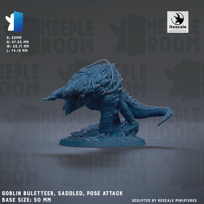 The image is a 3D rendering of a blue, armored creature resembling a dragon or serpent, with a textured, weathered appearance. The creature is positioned on a base, and the image includes text that provides information about the base sizes and the sculpting by Rescale miniatures.
