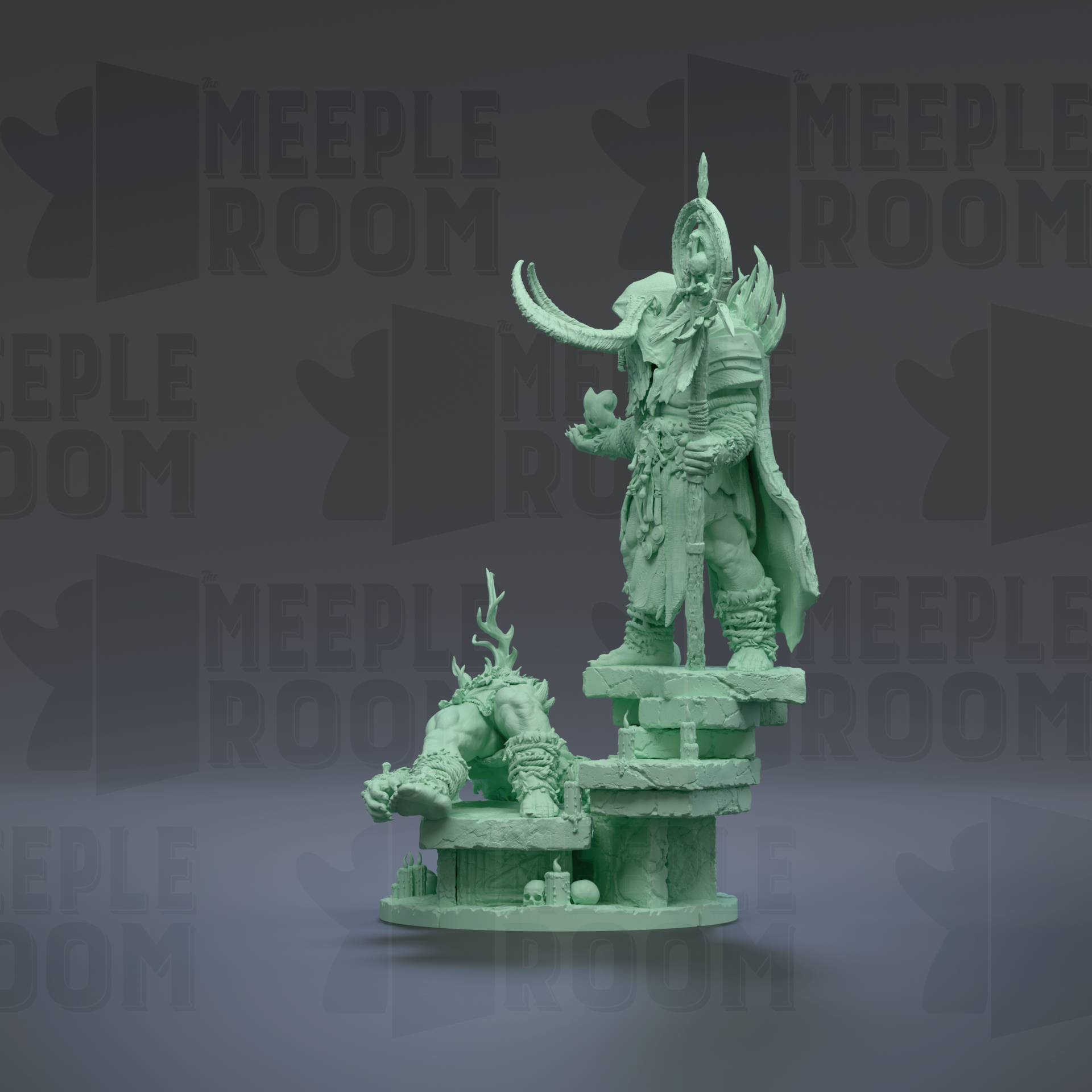 A green figurine of a warrior standing on a pedestal, with a smaller figure kneeling in front of it. The background has the text "MEIPLLE ROOM" repeated multiple times.