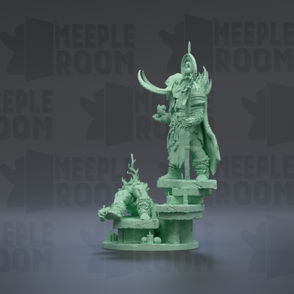 A green figurine of a warrior standing on a pedestal, with a smaller figure kneeling in front of it. The background has the text "MEIPLLE ROOM" repeated multiple times.
