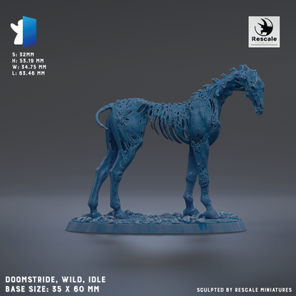 A 3D rendered model of a blue, skeletal horse figurine with a textured, metallic appearance.