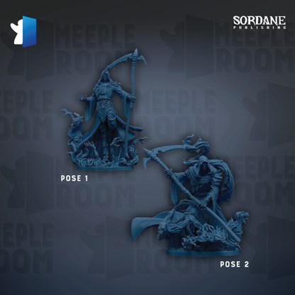 two dark blue figurines of characters, one standing and one kneeling, against a dark background with repeated text.