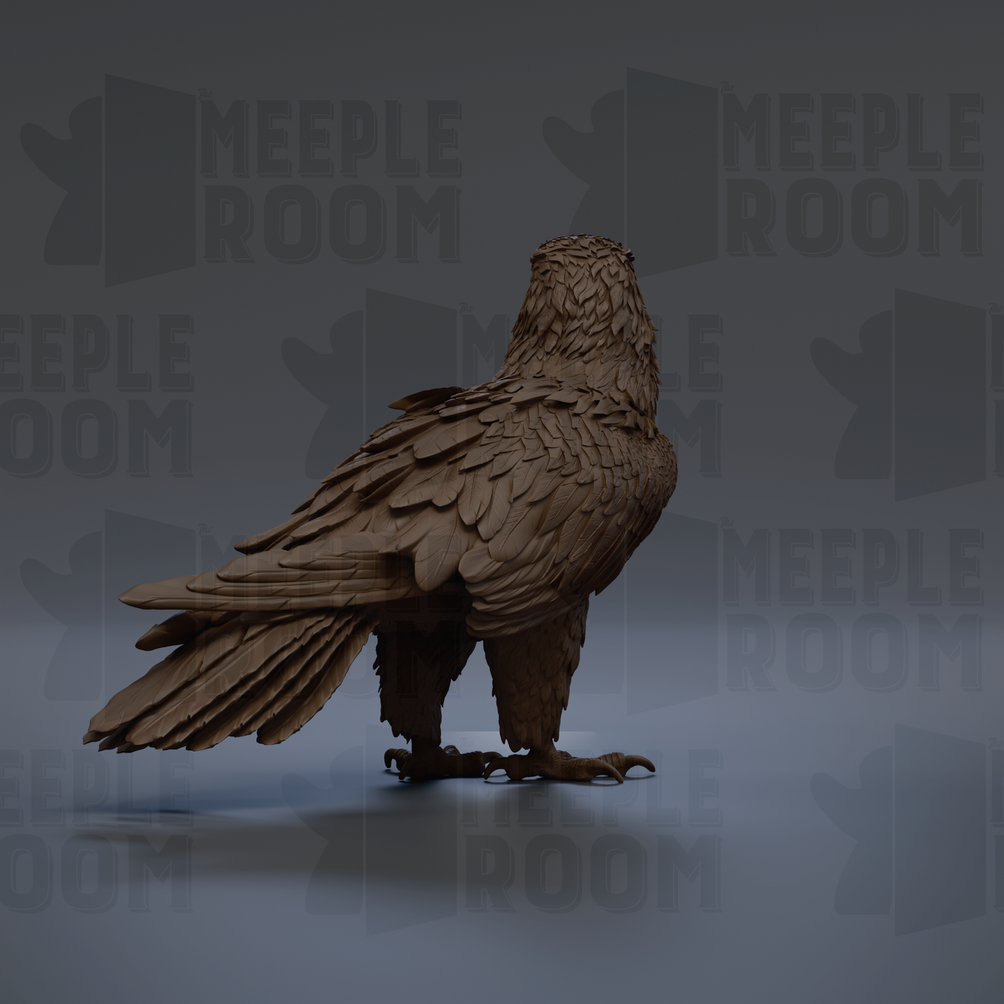 A 3D rendering of a bird, possibly a hawk or eagle, with its wings spread and tail feathers visible. The bird is standing on one leg, facing away from the camera. The background is dark, and there are repeated instances of the word "MEIPLE ROOM" in the image.