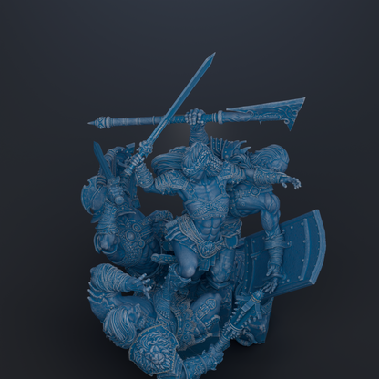 A detailed 3D rendering of a warrior figure wielding a sword and shield, surrounded by other warrior figures, set against a dark background.