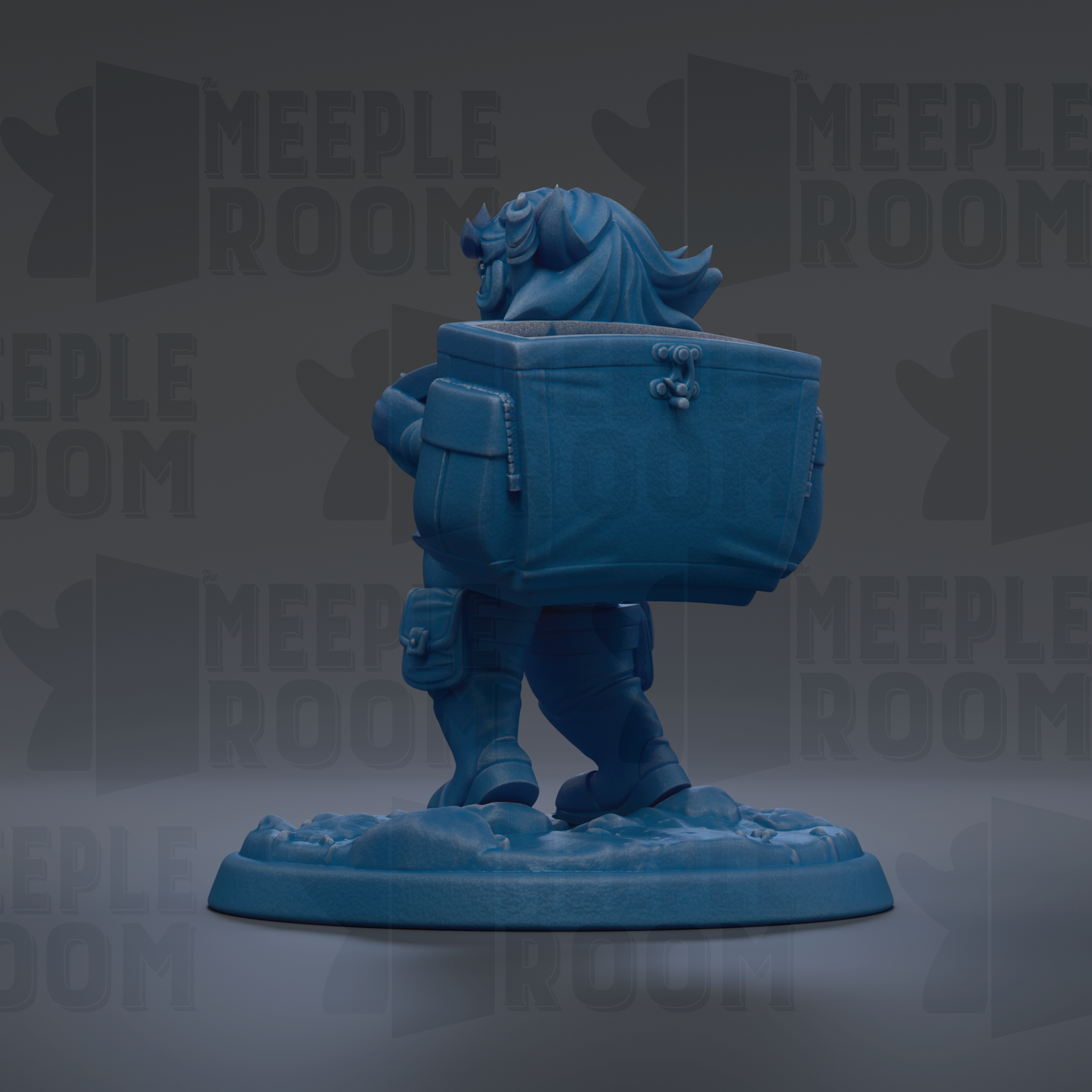 A blue figurine of a person carrying a large blue box, standing on a platform.