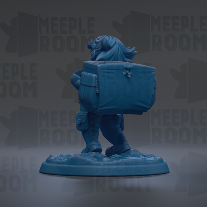 A blue figurine of a person carrying a large blue box, standing on a platform.