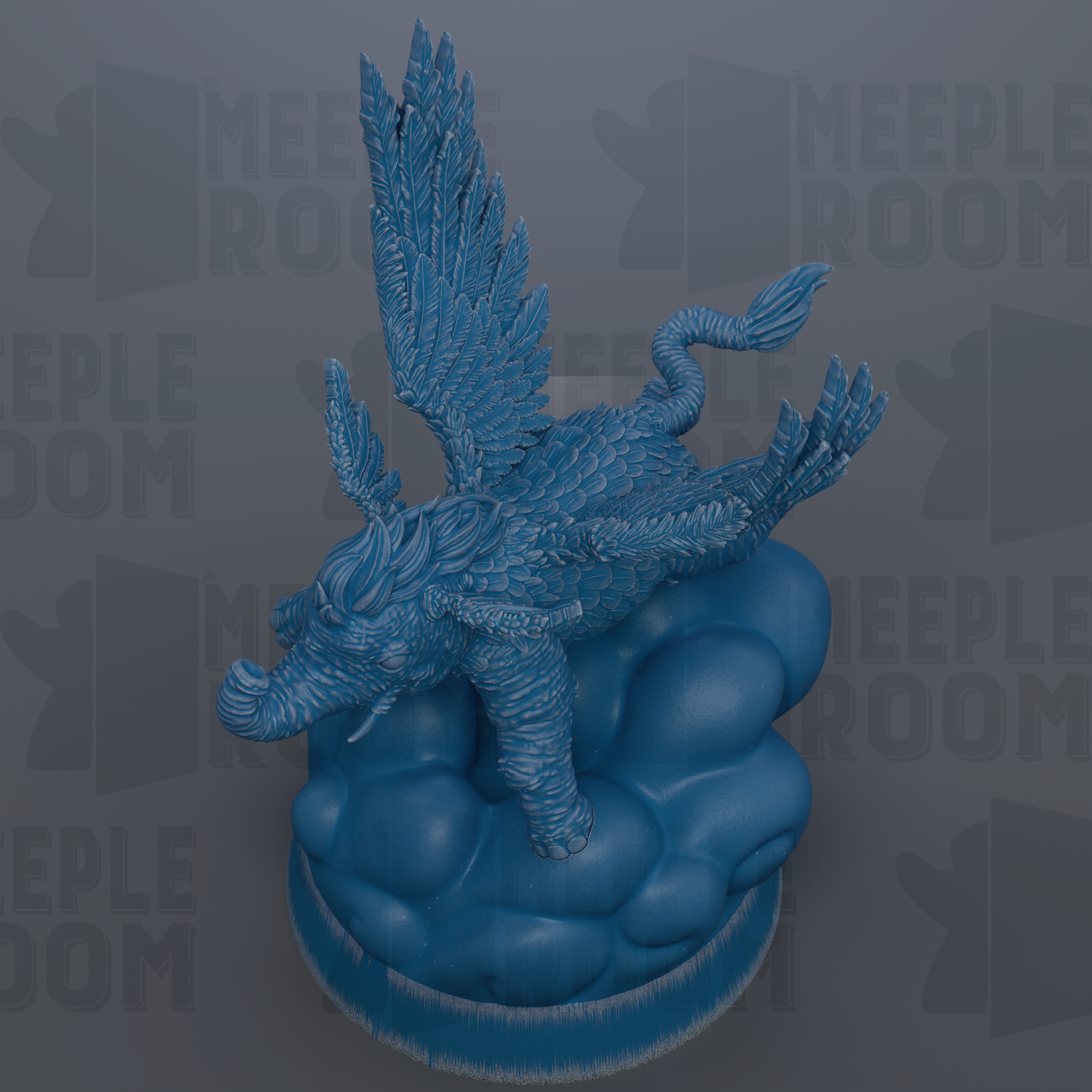 A blue, winged dragon figurine is perched on a cloud-like structure against a gray background.