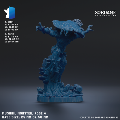 The image is a 3D rendering of a blue mushroom-like creature with a mushroom-like head, standing on a base. The creature appears to be a sculpture or model, and the image is described as a "Mushril Monster, pose 4" with a base size of either 25mm or 50mm.