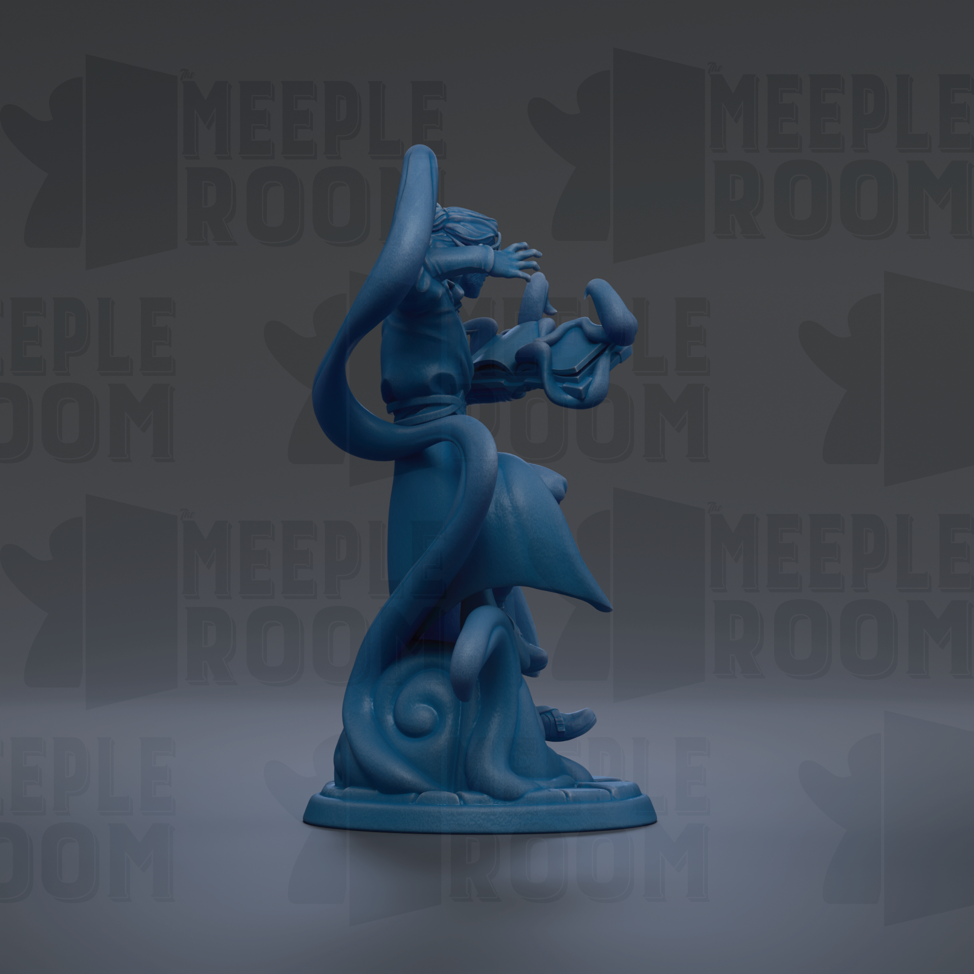 A blue figurine of a person with a long, flowing cape and a pointed hat, standing on a pedestal.