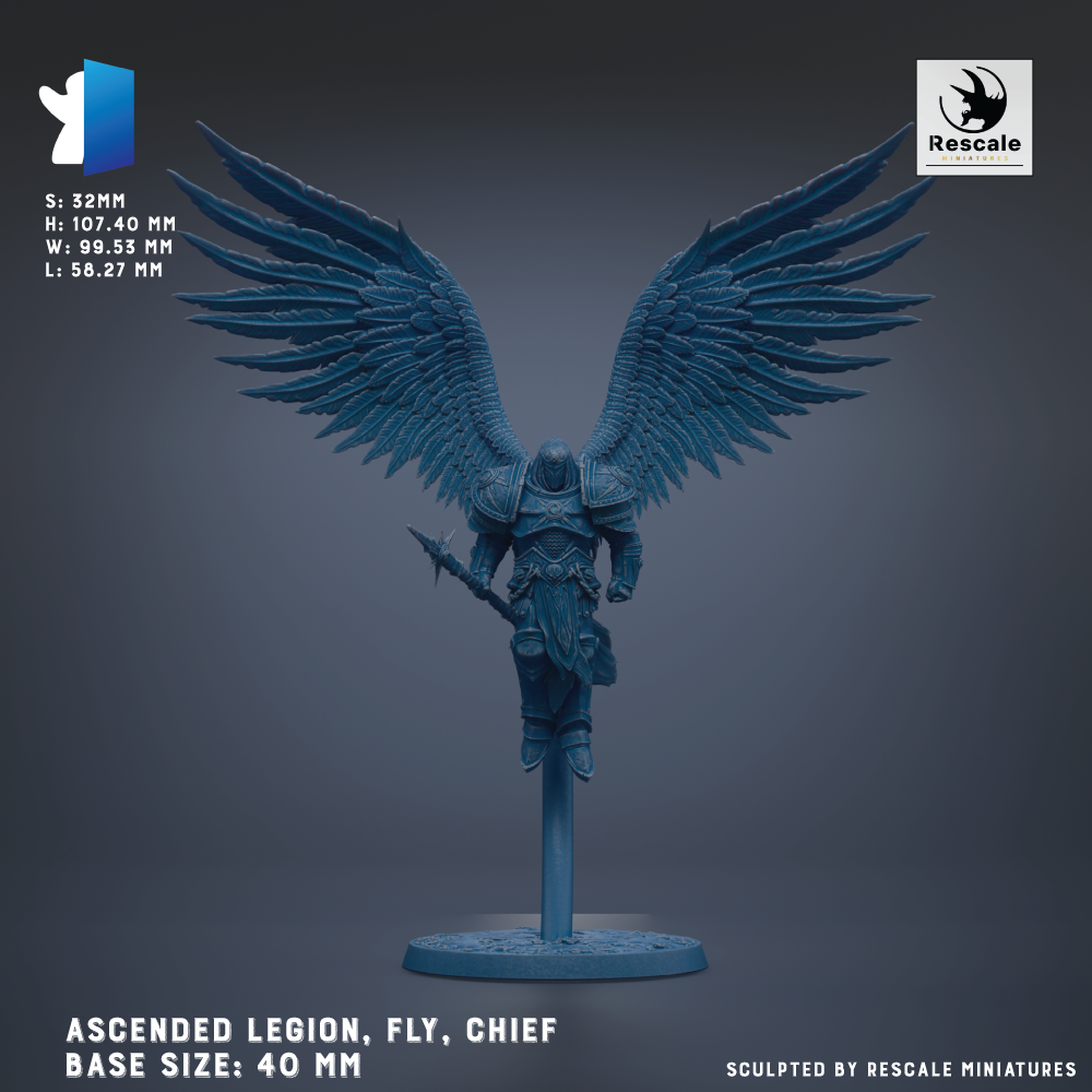 a winged figure, possibly a winged warrior or deity, with a shield and sword, standing on a pedestal. The figure is shown in a dynamic pose, with its wings spread wide. The background is a dark blue color, which contrasts with the figure and makes it stand out. The image is described as an "ascended Legion, fly, chief" and is labeled as a "base sizes: 40 mm". It is also noted that the sculpture is "sculpted by Rescue miniatures".