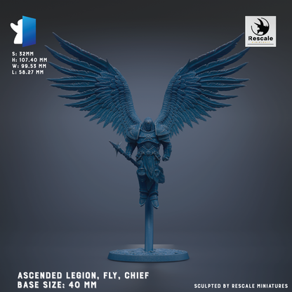 a winged figure, possibly a winged warrior or deity, with a shield and sword, standing on a pedestal. The figure is shown in a dynamic pose, with its wings spread wide. The background is a dark blue color, which contrasts with the figure and makes it stand out. The image is described as an "ascended Legion, fly, chief" and is labeled as a "base sizes: 40 mm". It is also noted that the sculpture is "sculpted by Rescue miniatures".