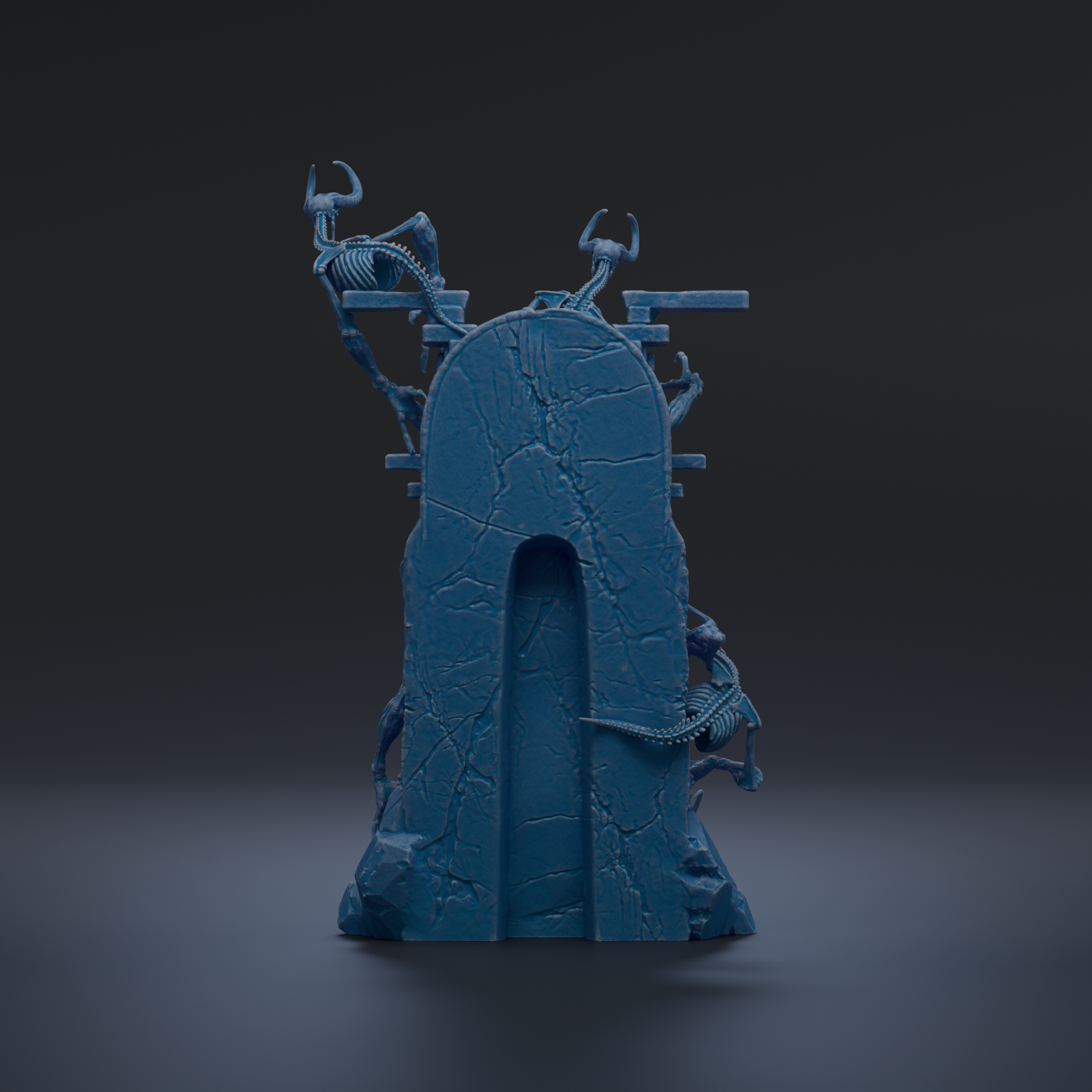 A dark blue, 3D-rendered structure with a curved arch and various skeletal-like elements protruding from it, set against a dark background.