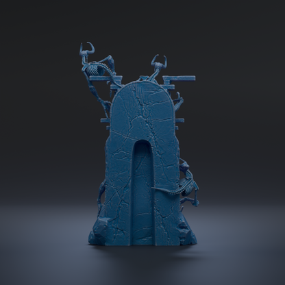 A dark blue, 3D-rendered structure with a curved arch and various skeletal-like elements protruding from it, set against a dark background.