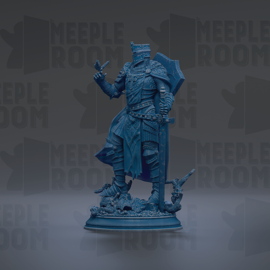 A blue armored knight statue stands on a base, holding a shield and sword, against a dark background with repeated "MEIPLLE ROOM" text.