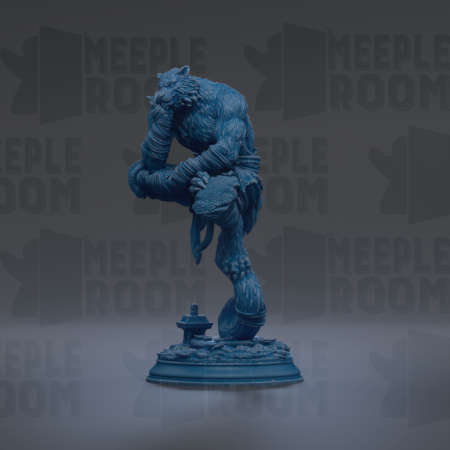 A blue statue of a mythical creature, possibly a dragon or serpent, standing on a pedestal against a dark background with repeated text.