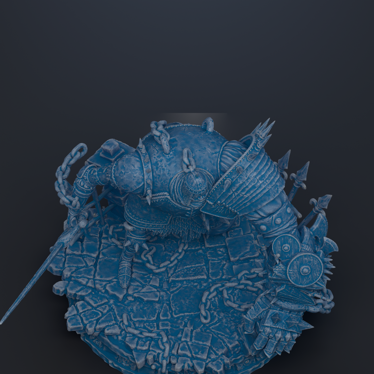 A 3D rendering of a heavily armored and battle-ready figure, with intricate details and a dark background.