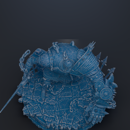 A 3D rendering of a heavily armored and battle-ready figure, with intricate details and a dark background.