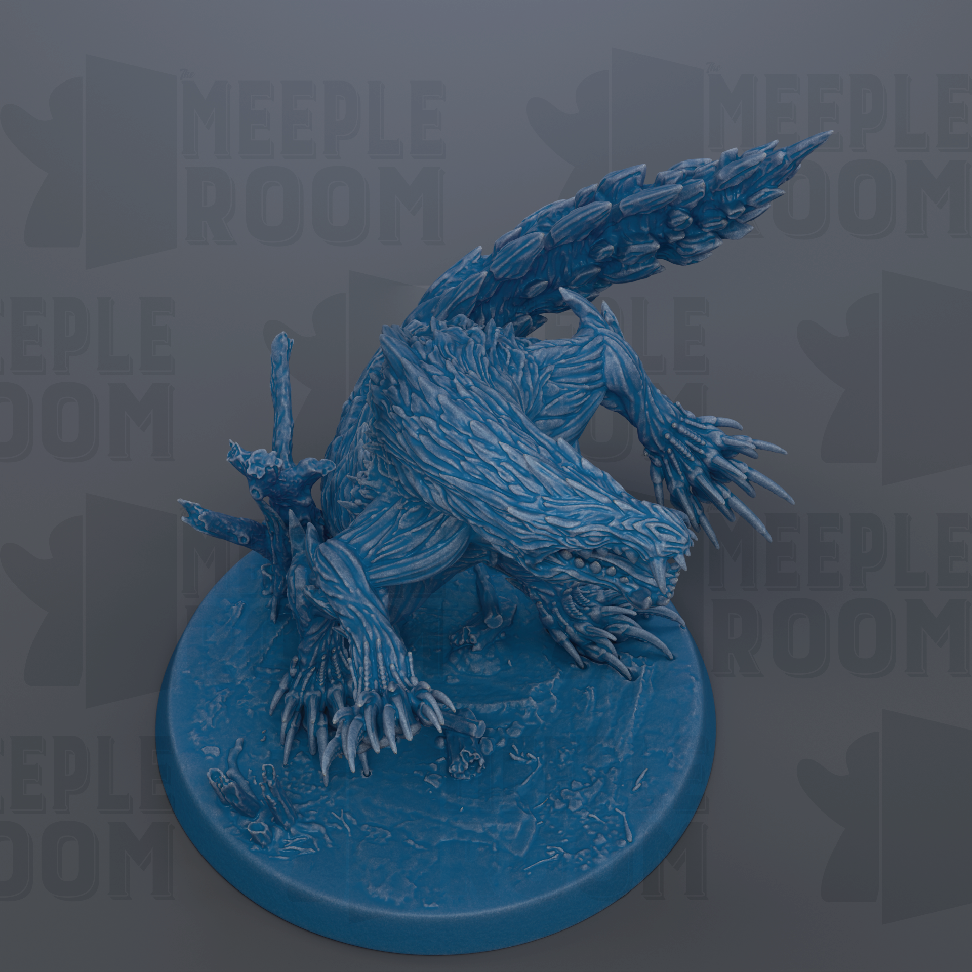 A 3D rendering of a blue, fantastical creature with sharp teeth and claws, standing on a blue base.