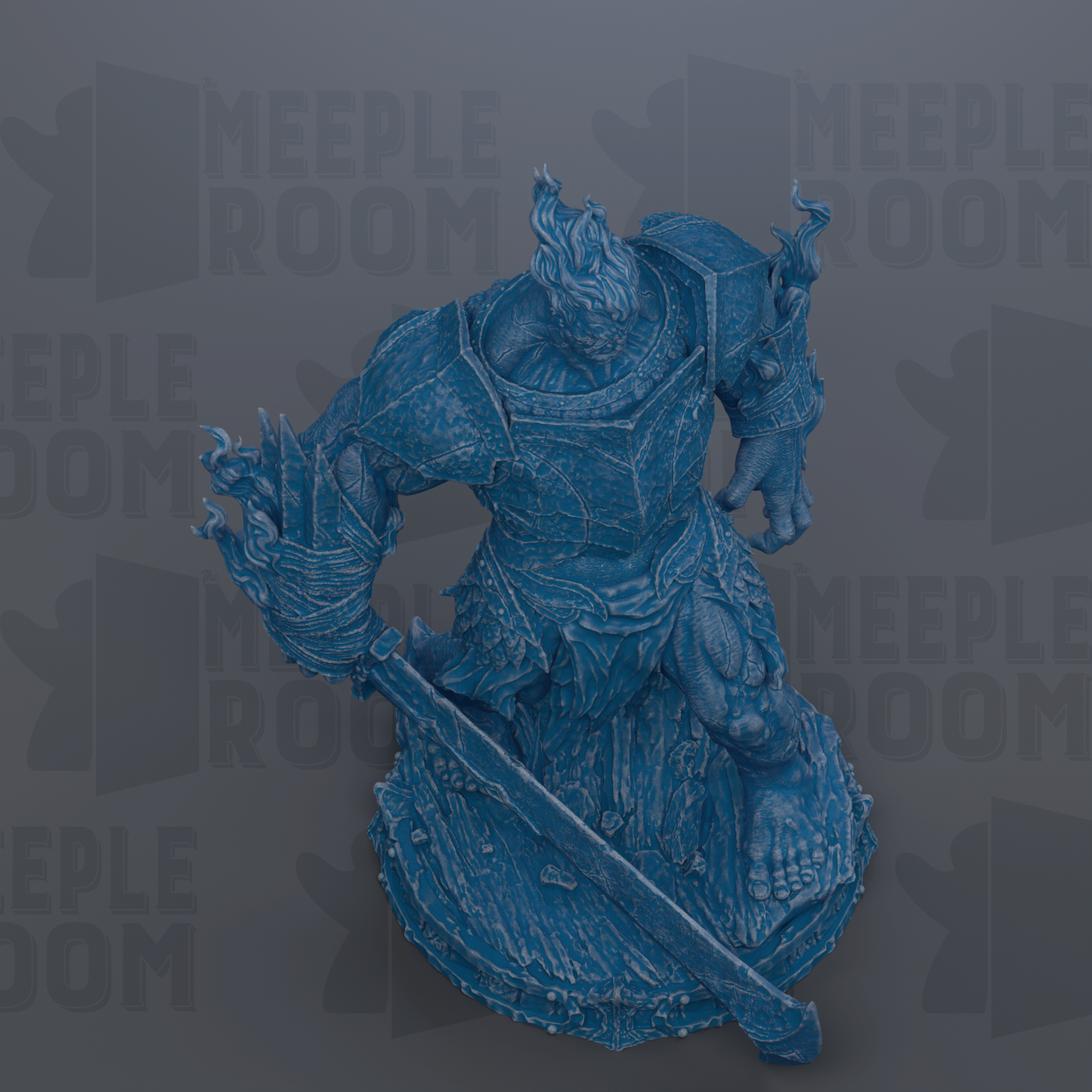 A blue, 3D-rendered statue of a warrior figure with a sword and shield, set against a dark background with repeated text.
