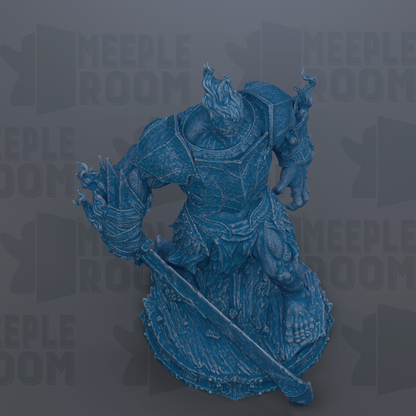 A blue, 3D-rendered statue of a warrior figure with a sword and shield, set against a dark background with repeated text.