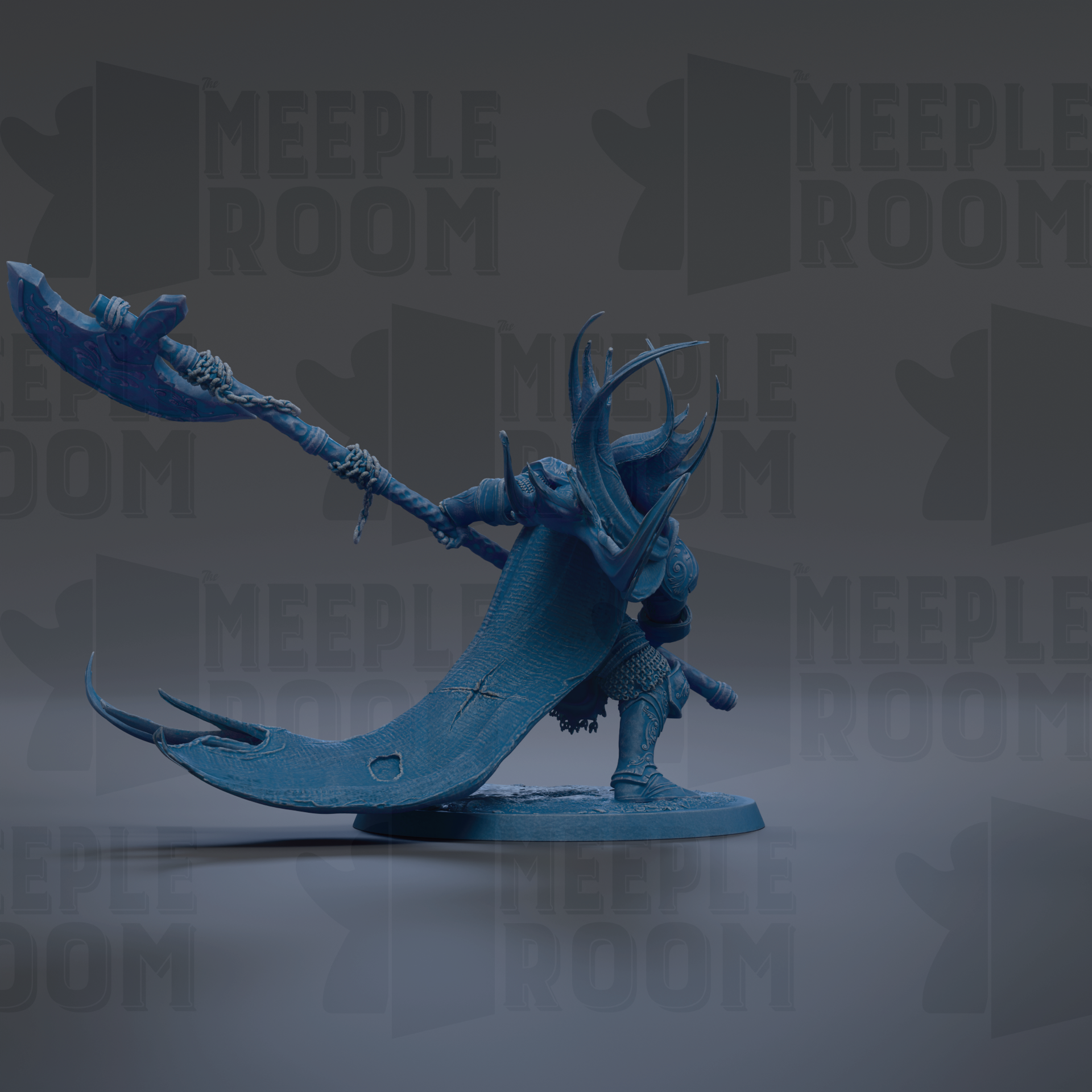 A 3D model of a warrior figure with a large weapon, standing in a dark environment with the text "MEUPLE ROOM" repeated in the background.