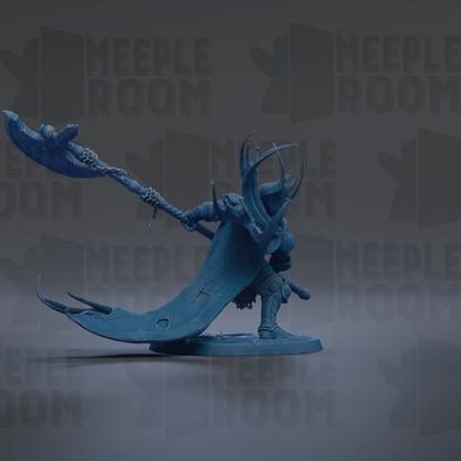A 3D model of a warrior figure with a large weapon, standing in a dark environment with the text "MEUPLE ROOM" repeated in the background.