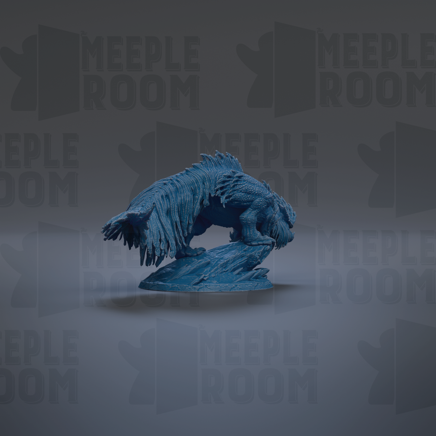 A blue, textured sculpture of a creature resembling a dragon or serpent is displayed against a dark background with repeated text.