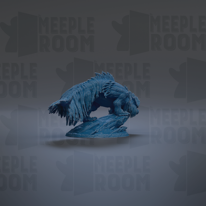 A blue, textured sculpture of a creature resembling a dragon or serpent is displayed against a dark background with repeated text.
