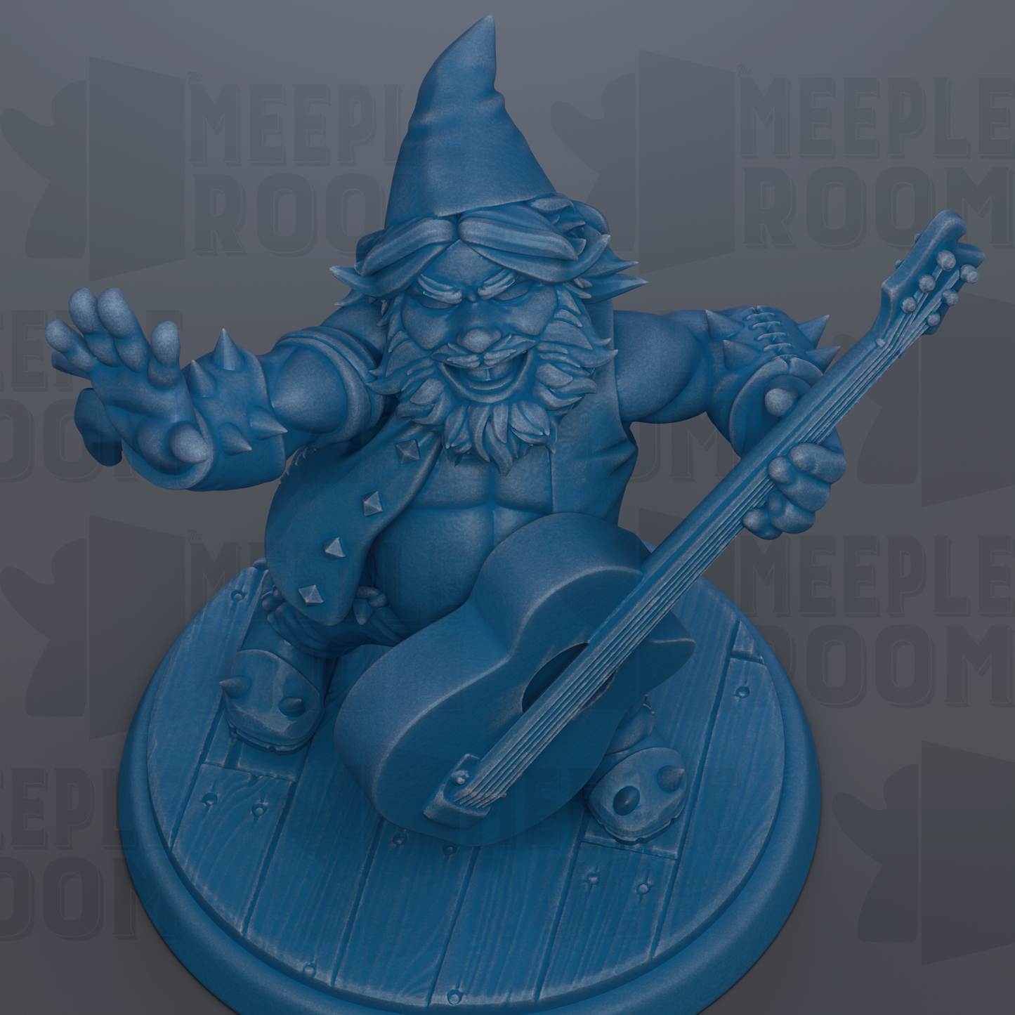 A blue, cartoonish gnome statue is depicted playing a guitar, with a dark background that includes the text "MEEPLROOM" repeated multiple times.