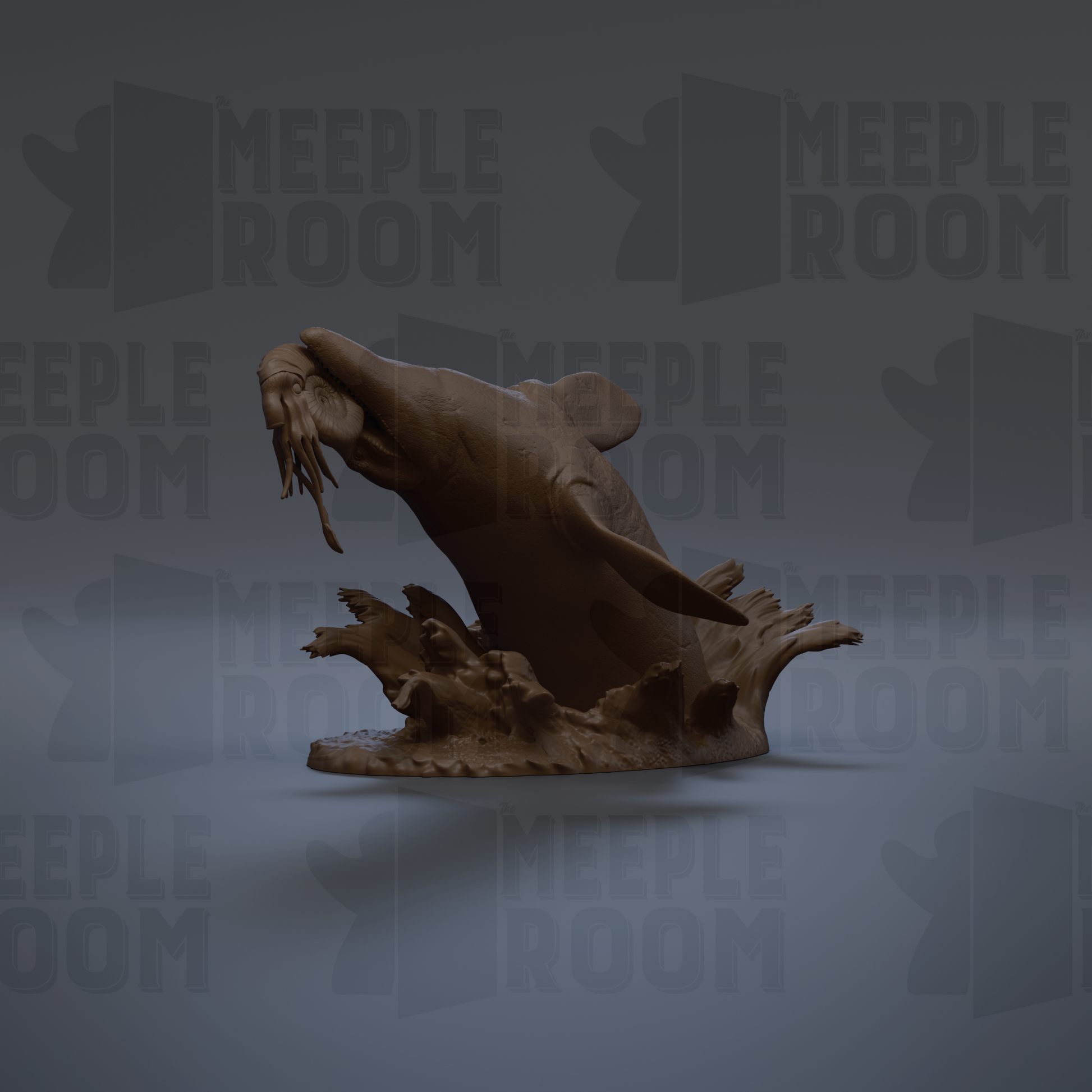 A 3D rendering of a fish sculpture with a dark brown color and a textured appearance, set against a gray background with repeated text.