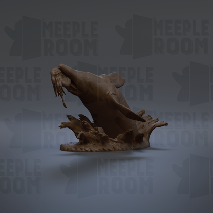 A 3D rendering of a fish sculpture with a dark brown color and a textured appearance, set against a gray background with repeated text.
