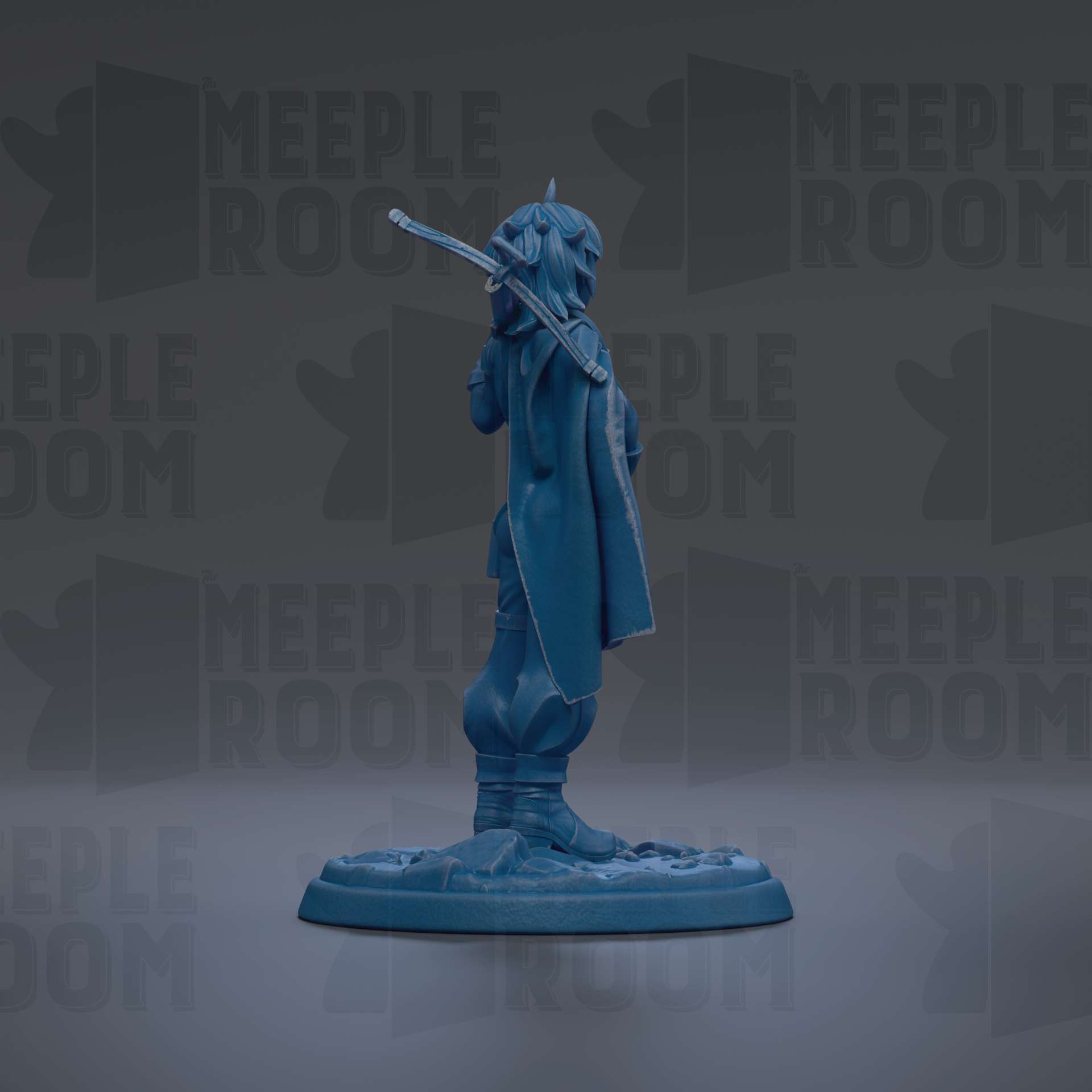 A blue figurine of a person standing on a base, with the text "MEUPLE ROOM" repeated in the background.