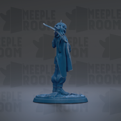 A blue figurine of a person standing on a base, with the text "MEUPLE ROOM" repeated in the background.