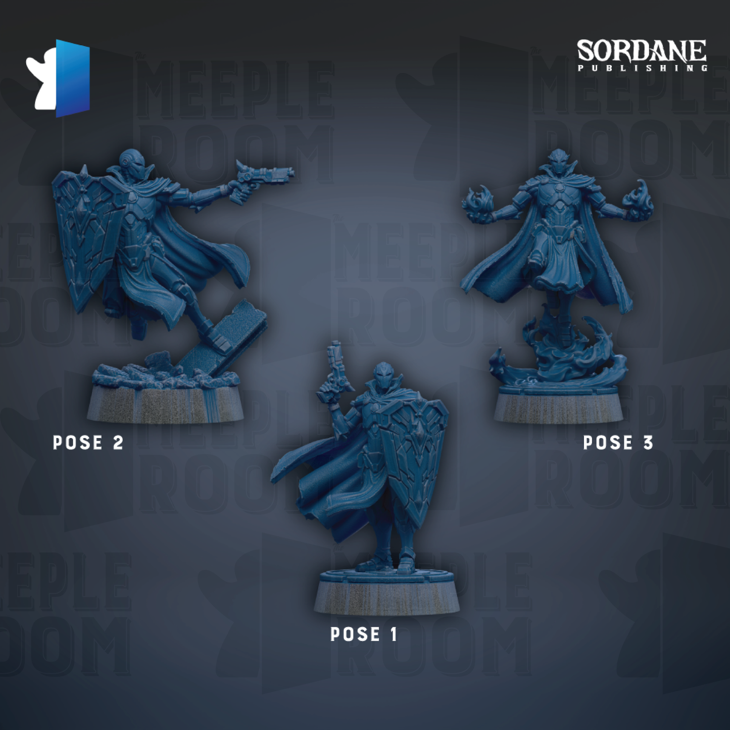 three blue figurines of characters, each with different poses, arranged against a dark background.