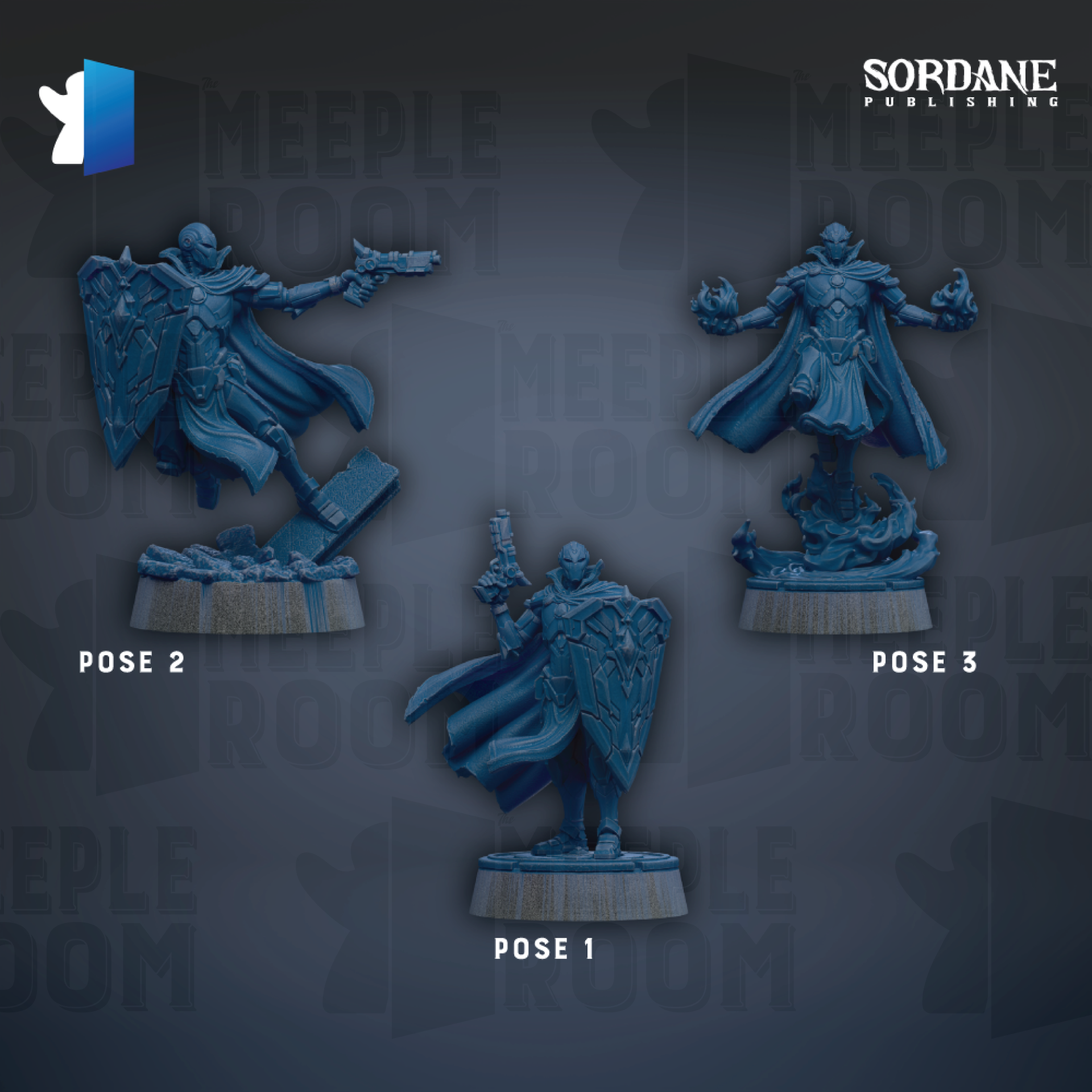 three blue figurines of characters, each with different poses, arranged against a dark background.