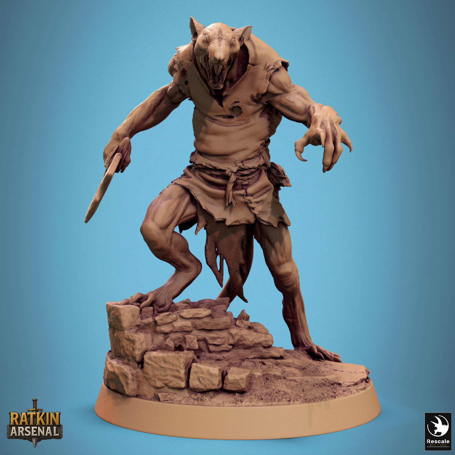 A 3D model of a fierce-looking monster or creature, possibly a dragon or serpent, standing on a rocky base and holding a weapon.