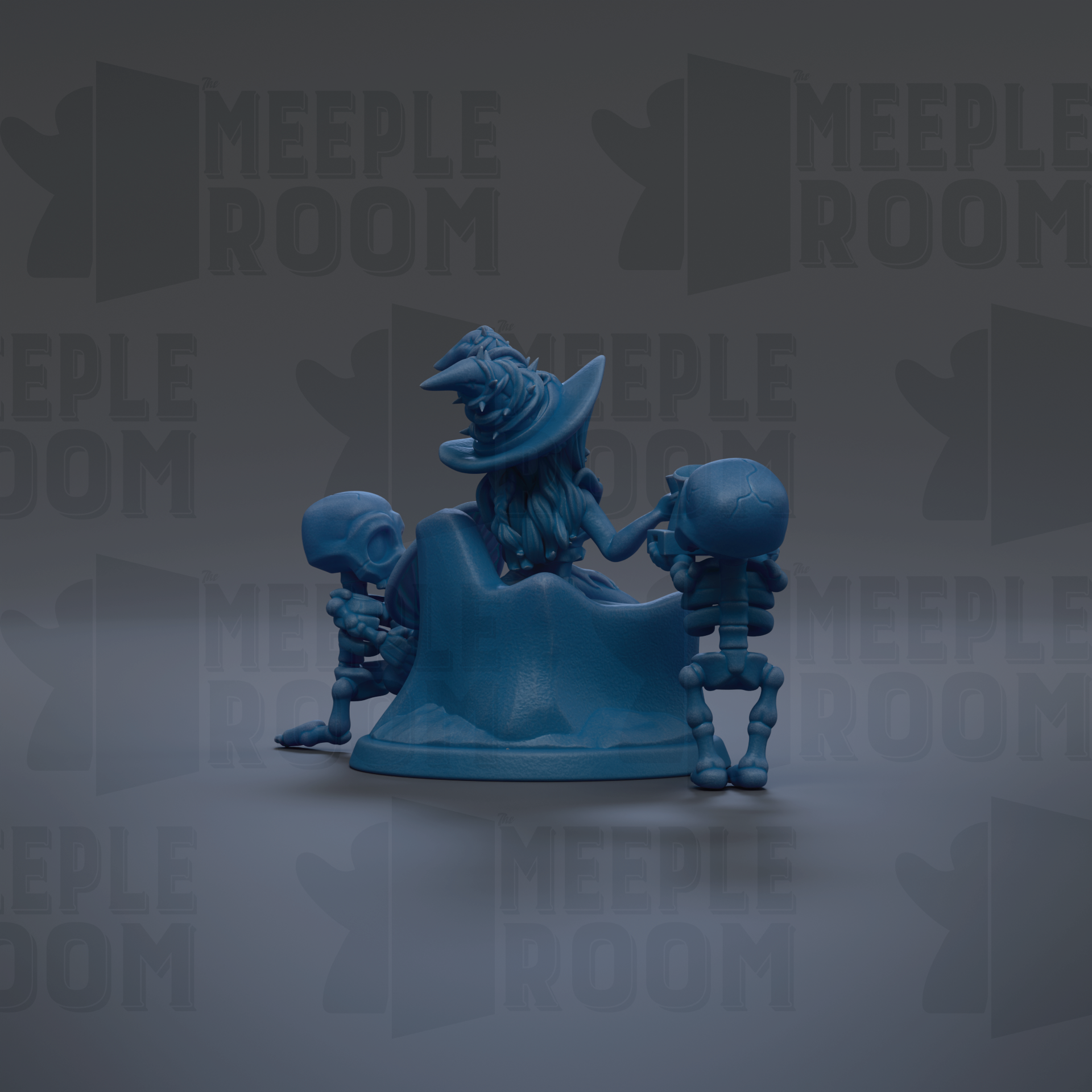 A blue figurine of a wizard, possibly a wizard or witch, is depicted in a whimsical pose, surrounded by two smaller figurines. The background features the repeated text "MEIPLLE ROOM" in a stylized font.