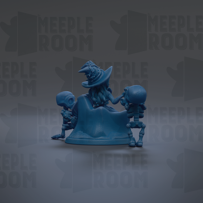 A blue figurine of a wizard, possibly a wizard or witch, is depicted in a whimsical pose, surrounded by two smaller figurines. The background features the repeated text "MEIPLLE ROOM" in a stylized font.