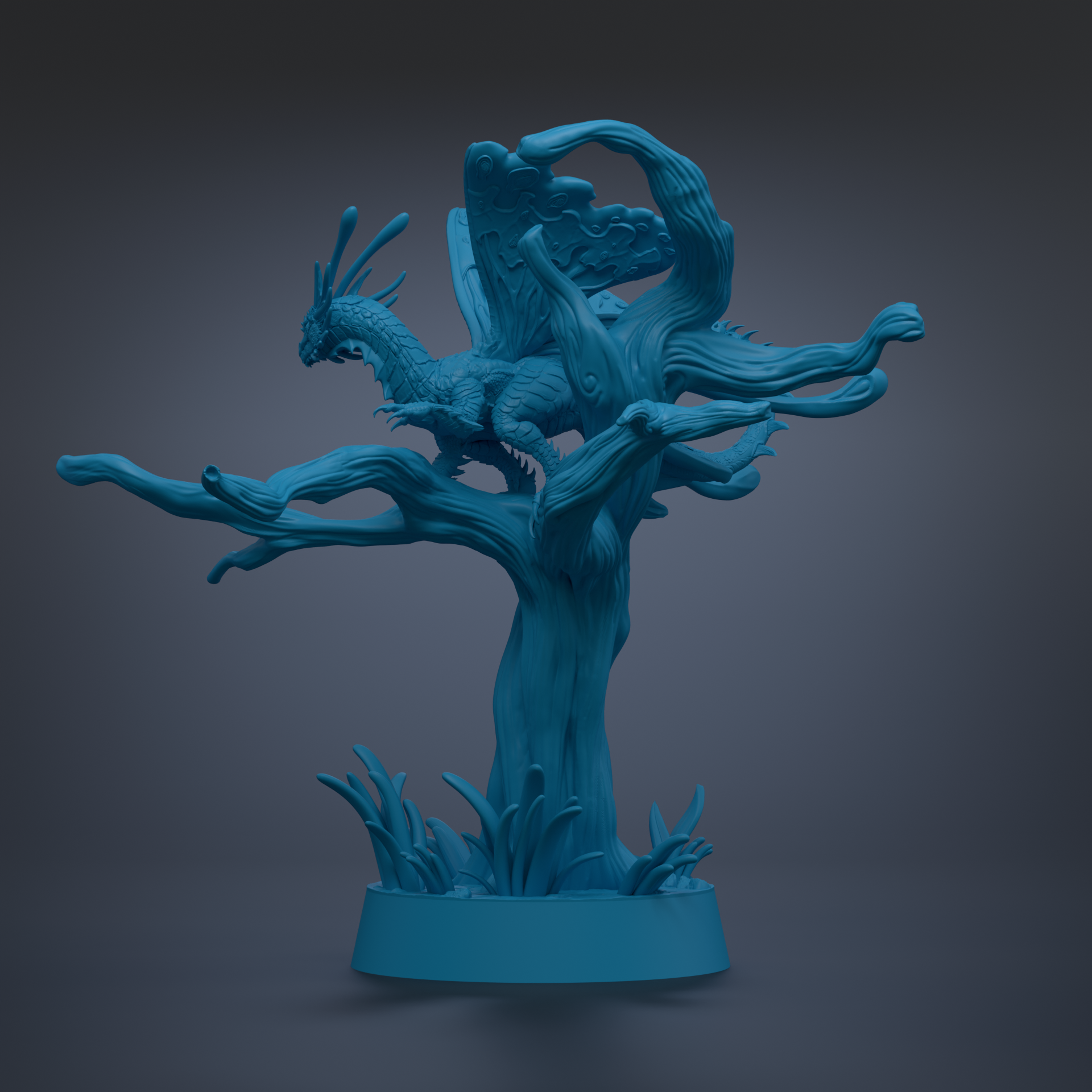 A blue dragon sculpture perched on a tree branch, with intricate details and a whimsical appearance.