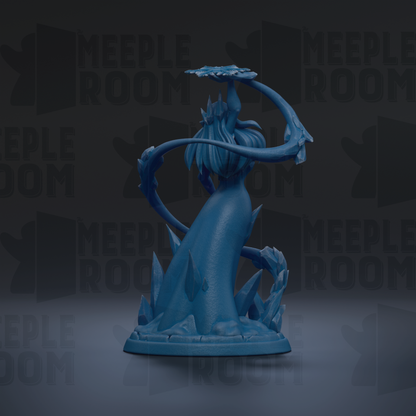 A blue, 3D-rendered figurine of a fantastical creature with a large head and long, flowing body, standing on a base and surrounded by ice and rocks.