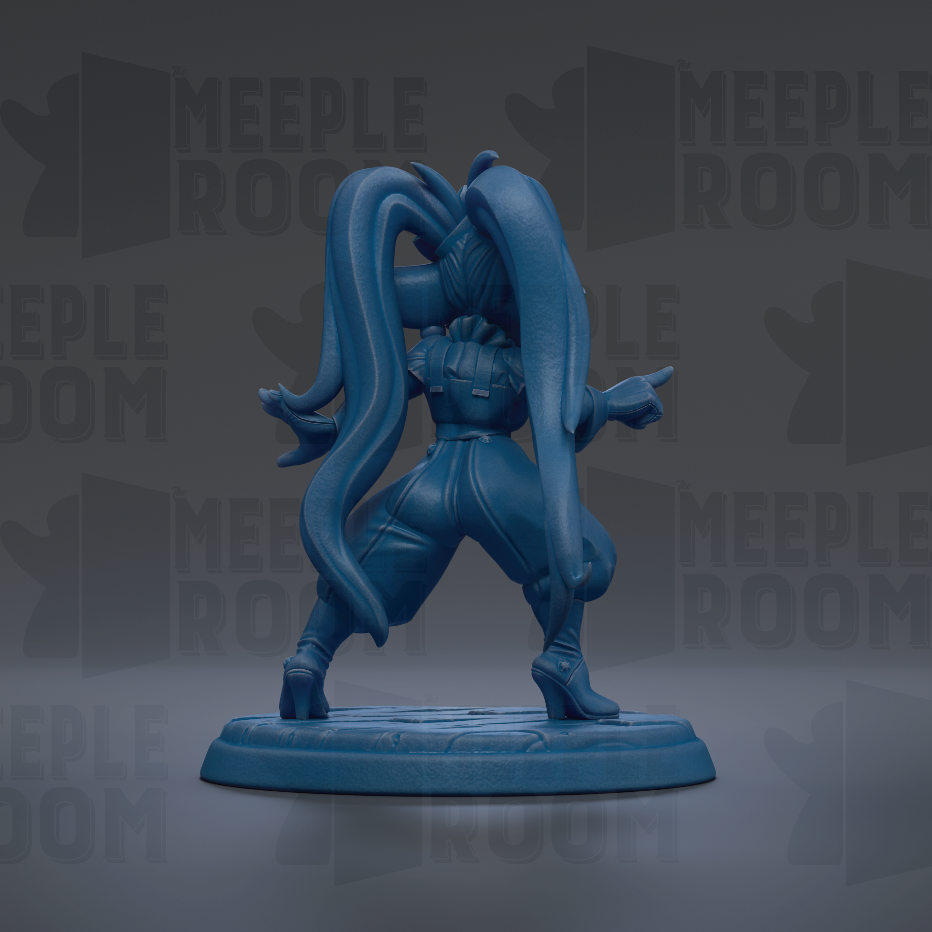 A blue figurine of a character with long hair and a distinctive pose, standing on a platform against a dark background with repeated text.