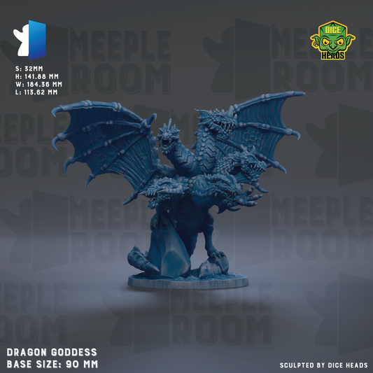 a dragon statue with wings spread wide, standing on a base. The dragon is depicted in a blue color, and the base size is 90 millimeters. The image is a collage of multiple images, and it is not a description of each individual image. The phrase "Dragon Goddess Base Size: 90 MM" is used to describe the statue.