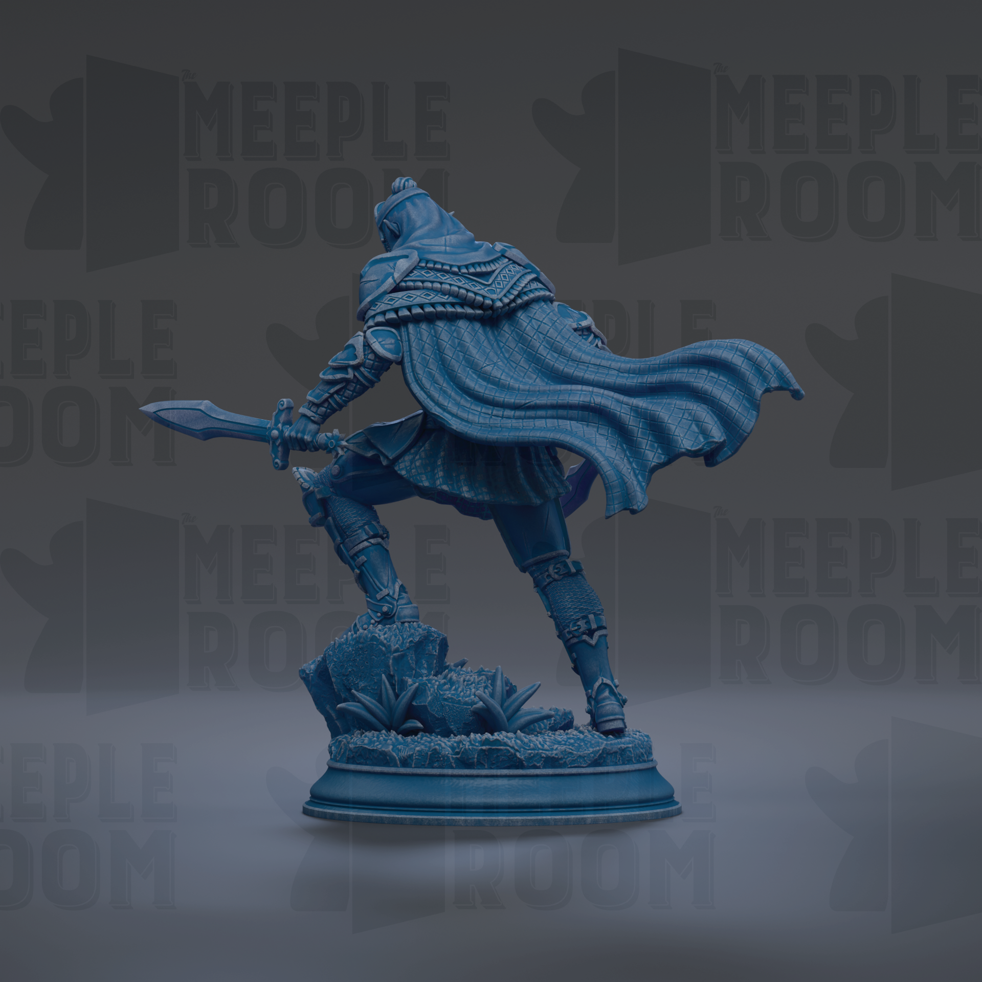 A blue statue of a warrior figure holding a sword and shield, standing on a pedestal.