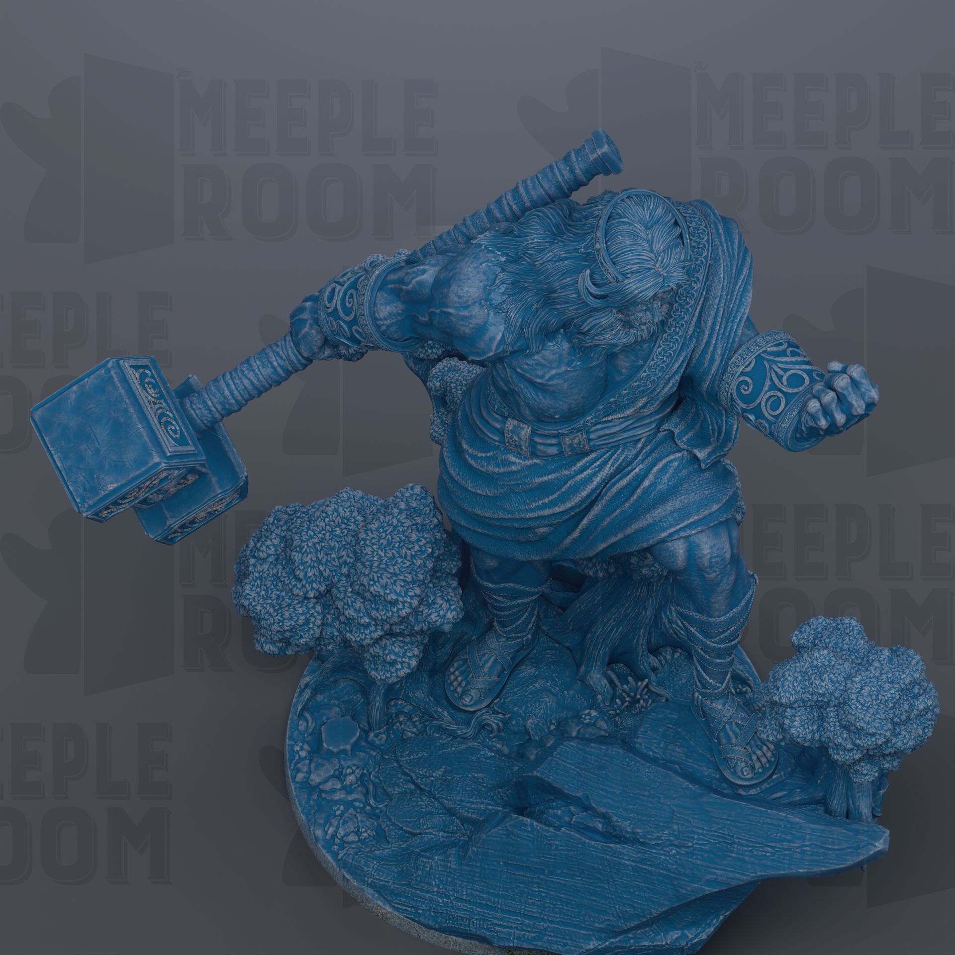 A blue, 3D-rendered statue of a muscular, bearded figure wielding a large hammer, set against a dark background with repeated text.