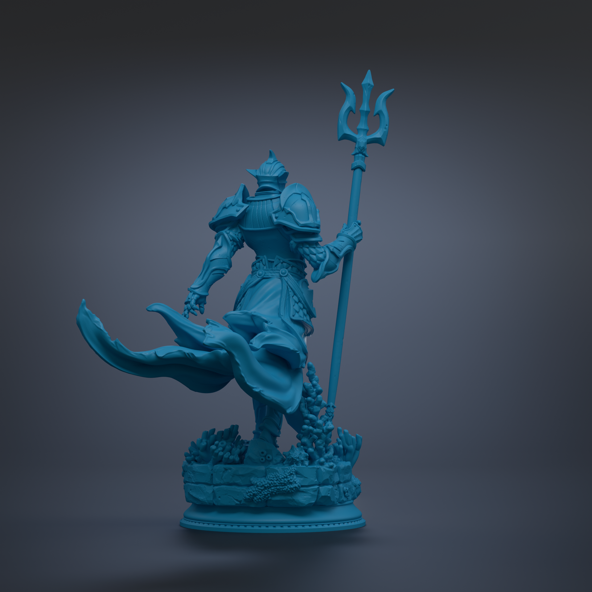 A blue statue of a warrior figure holding a trident and standing on a rocky base.