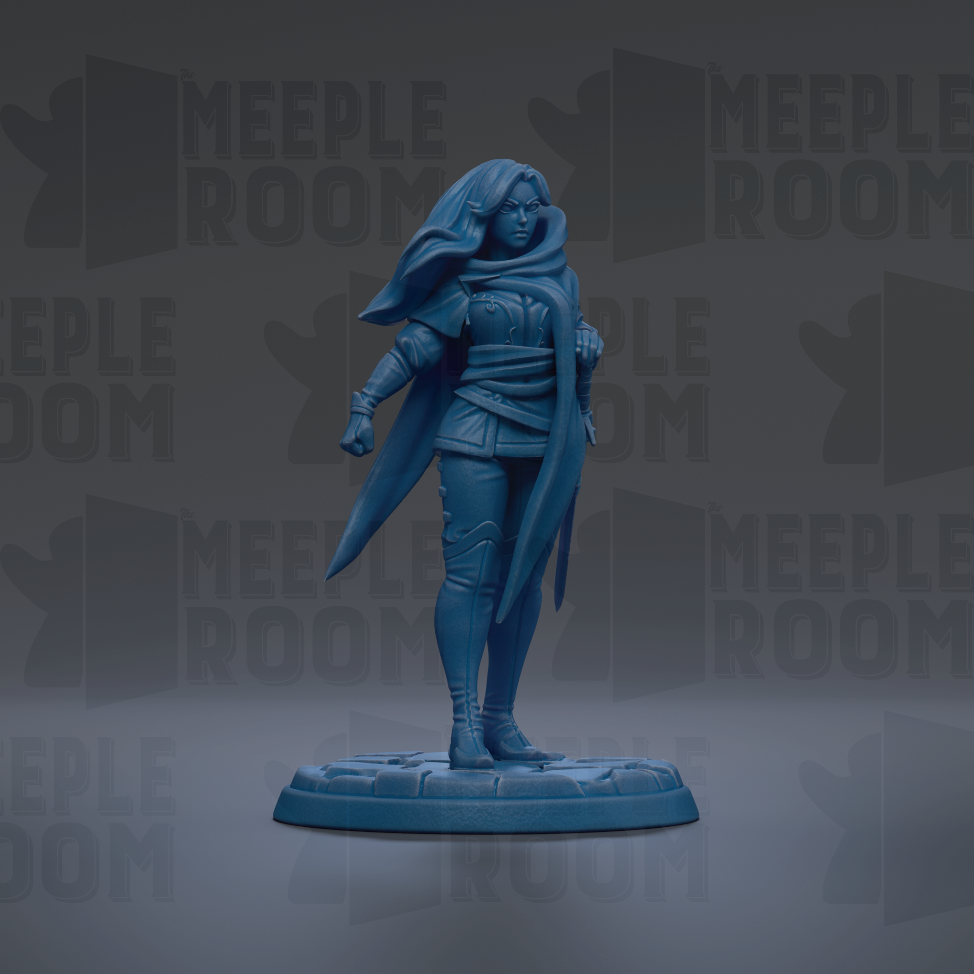 A figurine of a woman in a blue outfit, standing on a base and holding a sword.