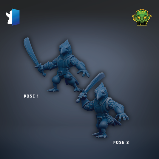 two blue fantasy creatures, possibly mythical or magical, holding weapons and standing in a pose.