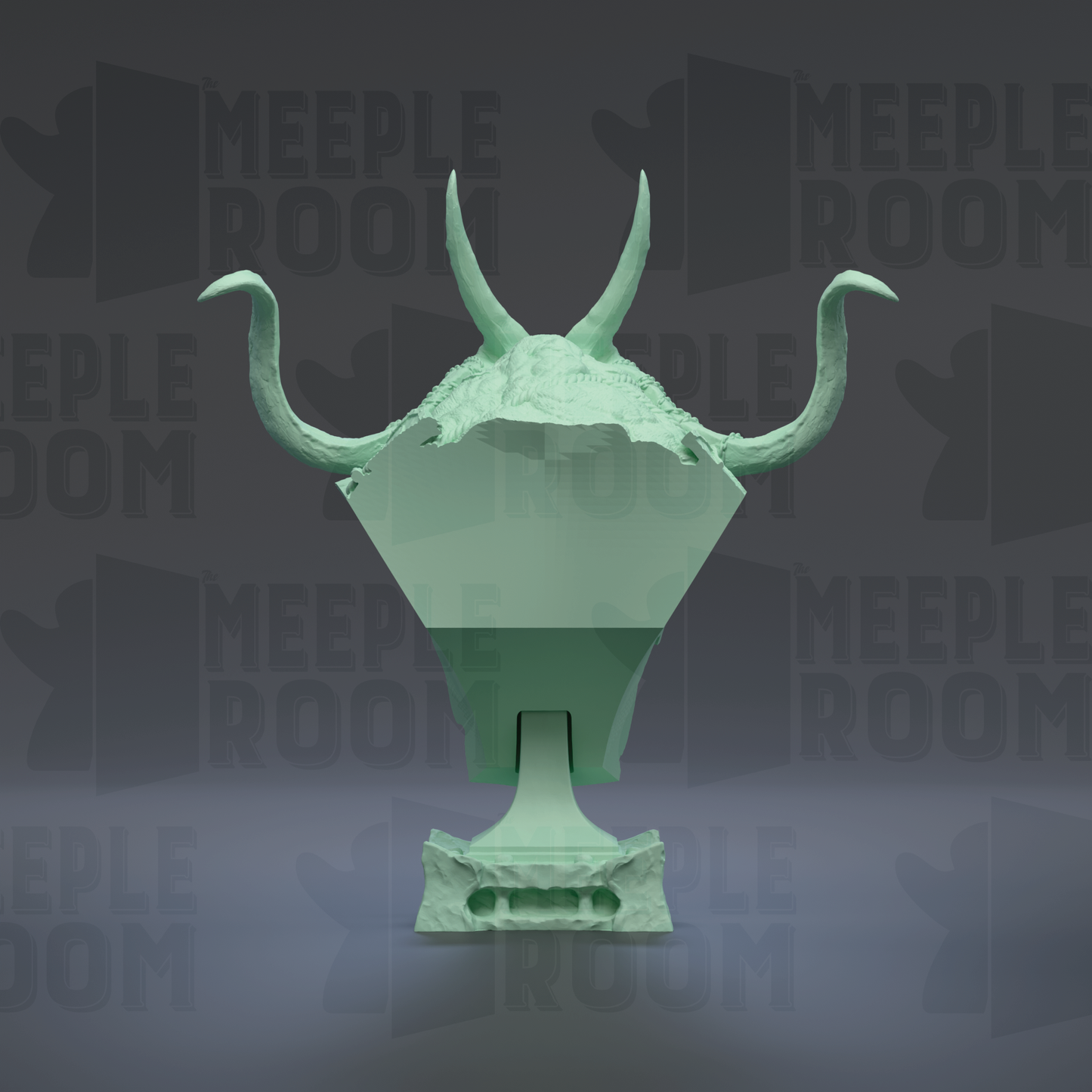 A green sculpture with horns and a pointed top, set against a dark background with repeated text.