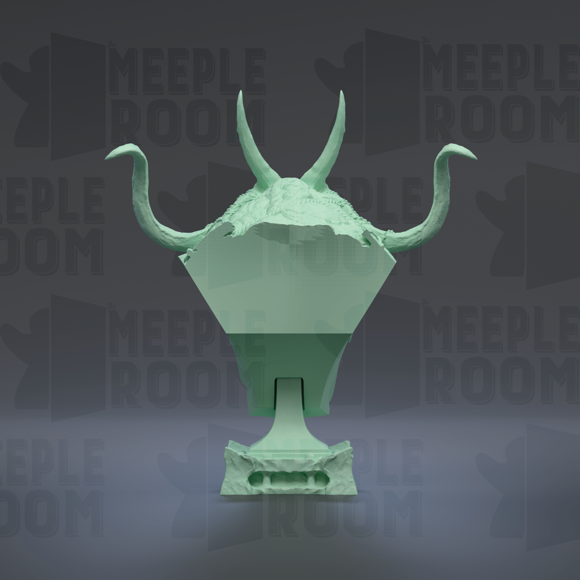 A green sculpture with horns and a pointed top, set against a dark background with repeated text.