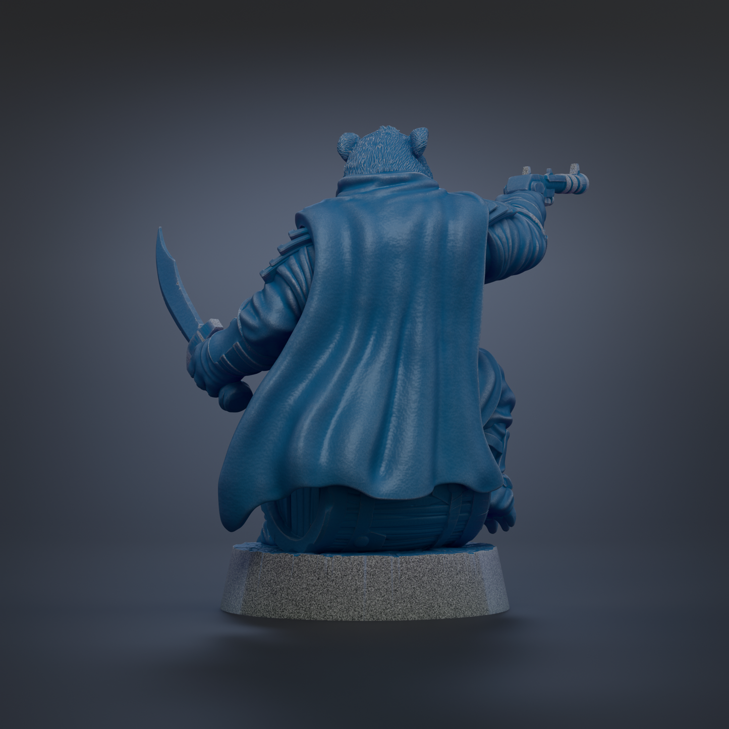 A blue, 3D-rendered statue of a character with a cape and holding a weapon.