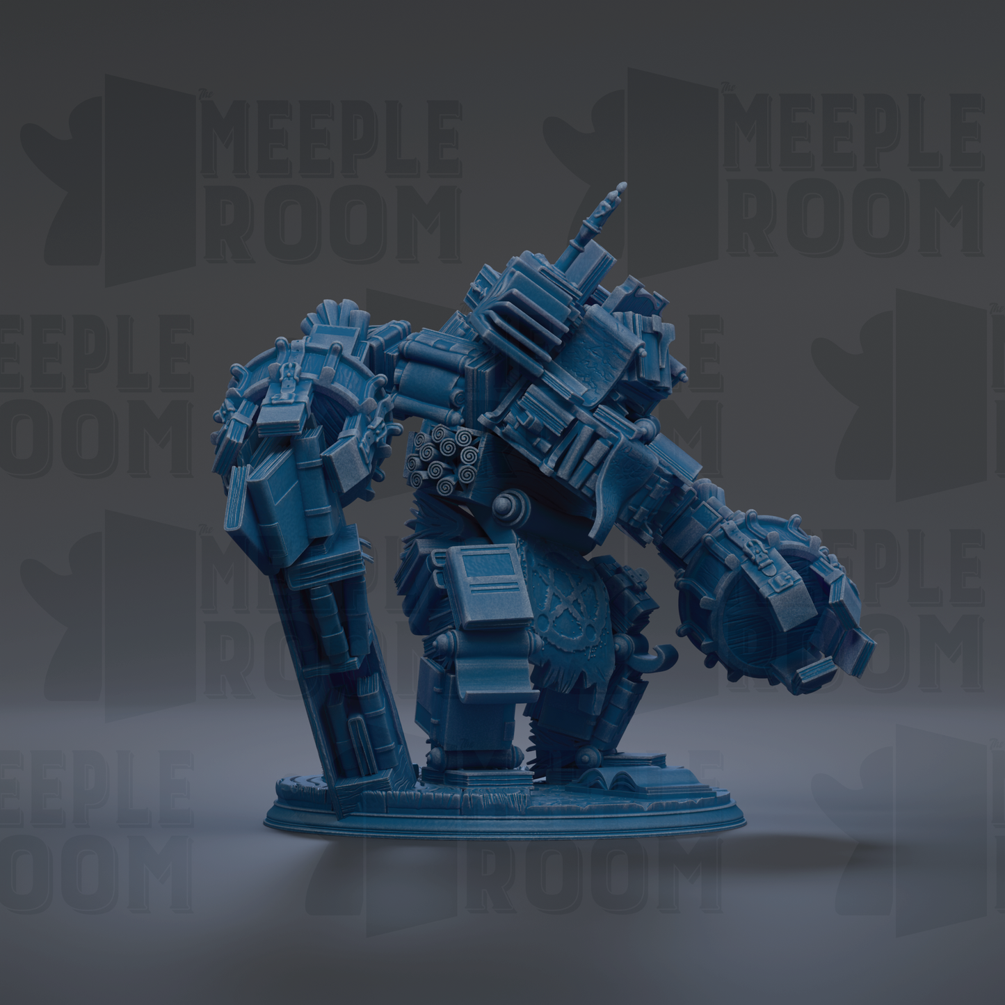 A blue, mechanical robot or machine with various mechanical components and parts, standing on a base.